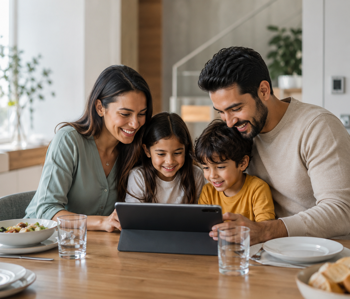 Happy family using Set Pay services together